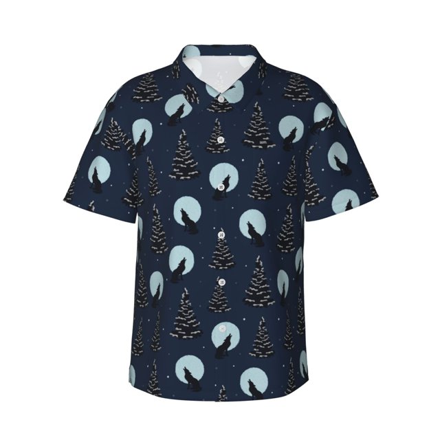 Fotbe Night Forest Wolf Camisa Hawaiana para Hombre Unisex – Camisa Casual de Verano con Botones de Manga Corta de Algodón y Lino,Medium