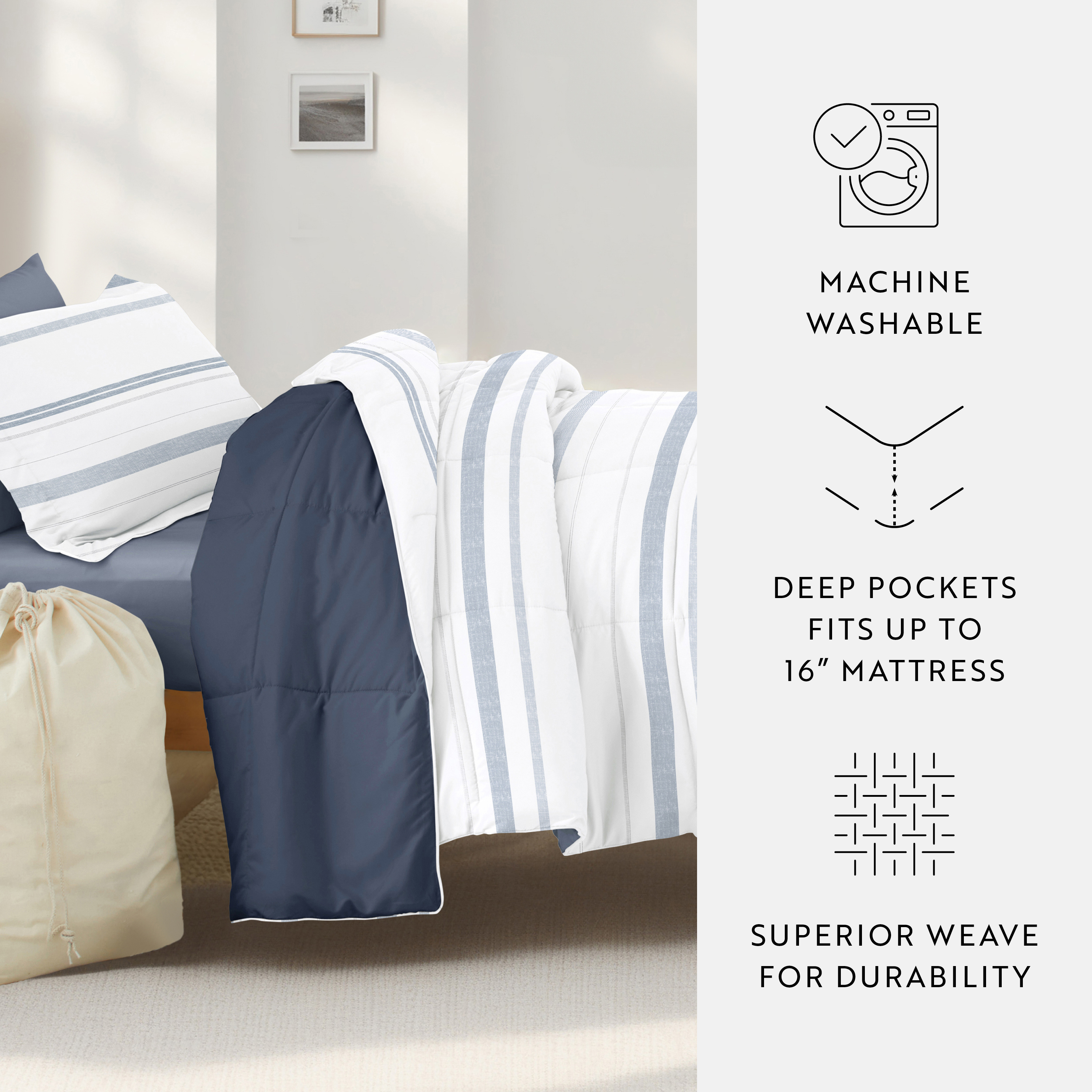 Noble Linens 8 Piece Dorm Bedding Bundle, Comforter & Sheet Set, Pillows, Laundry Bag