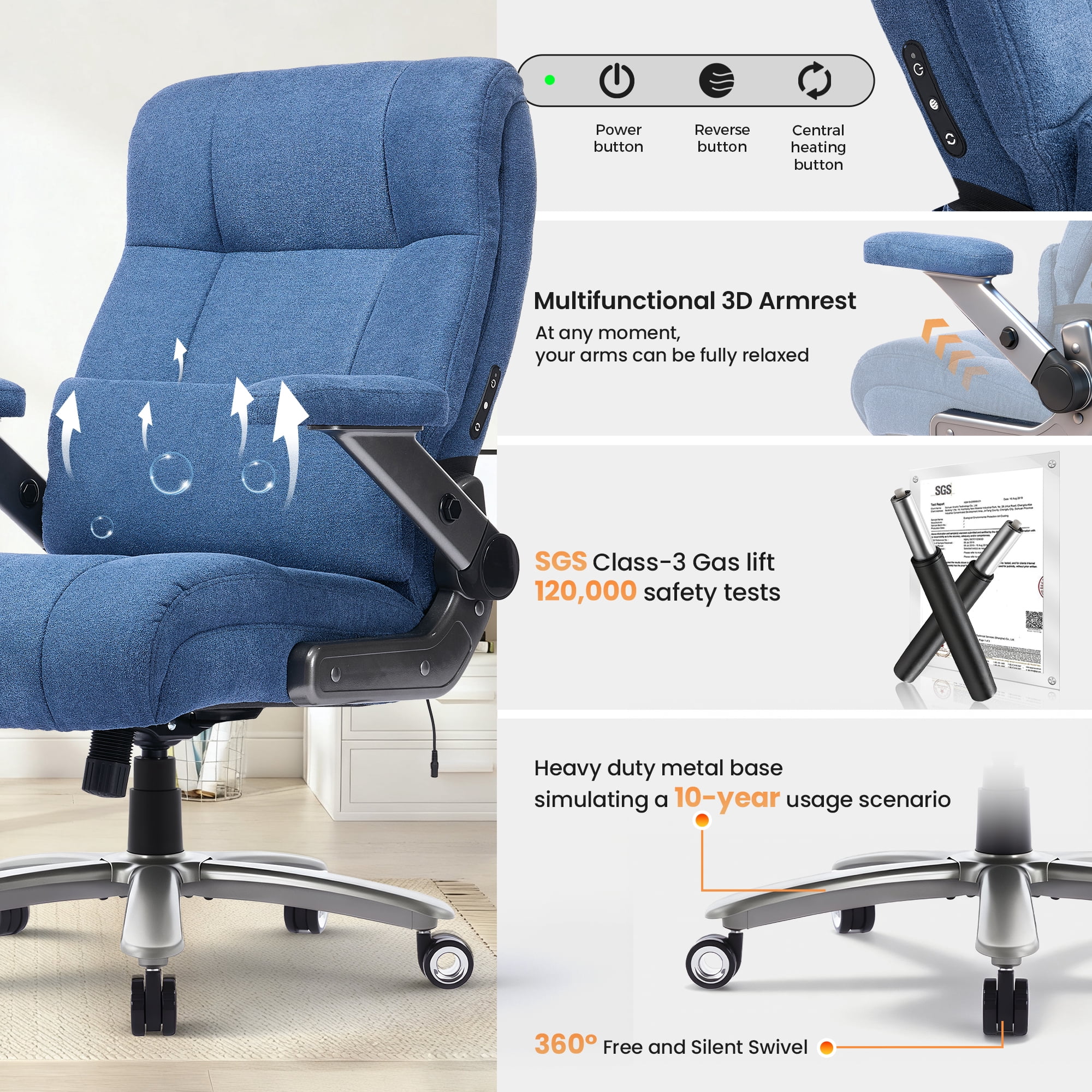 EOP 23.62'' Extra Wide Office Chair, 600 Lbs Big and Tall Executive Office Chair with Heat and Kneading Massage, Ergonomic Computer Chair with 3D Flip-up Arms, Blue