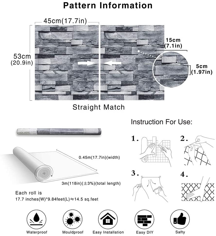 Peel and Stick Faux Brick Stone Wallpaper 17.7in x 19.7ft Gray Vinyl Self Adhesive Decorative