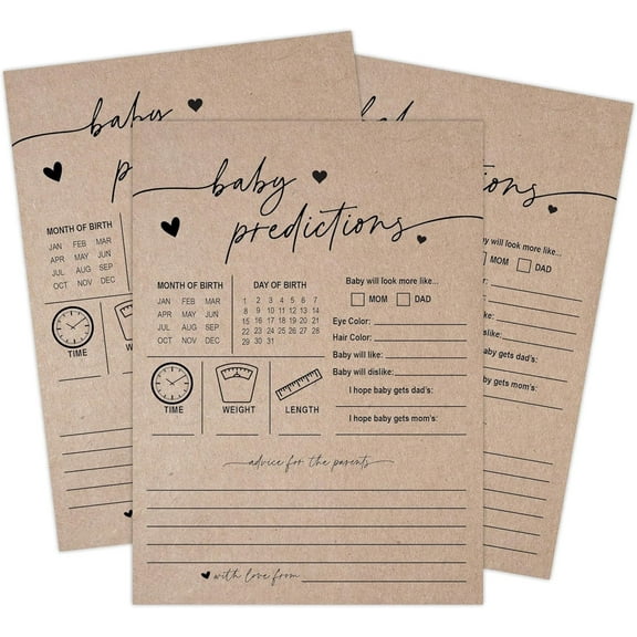 50 Baby Predictions Cards - Minimalist - Baby Shower Game, New Mom & Dad Card, Girl or Boy Babies New Parent Message Advice Book, Fun Gender Neutral Party (Kraft)
