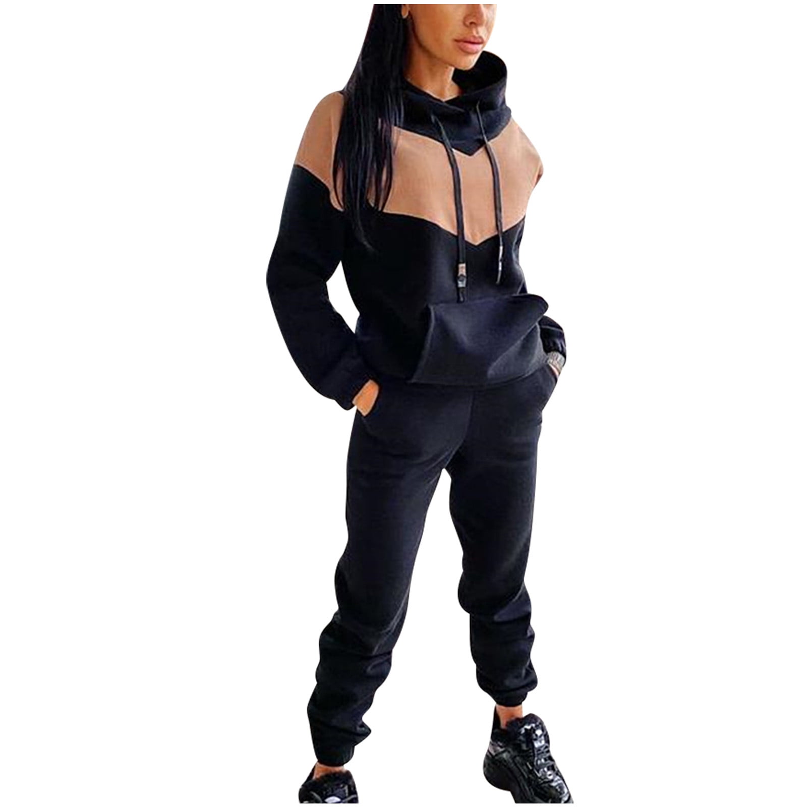 RQYYD Women's Jogging Suits Sets Hoodies Tracksuit Long Sleeve Drawstring  Sweatshirts and Sweatpant 2 Piece Color Block Sport Pullover Sweatsuit  Green