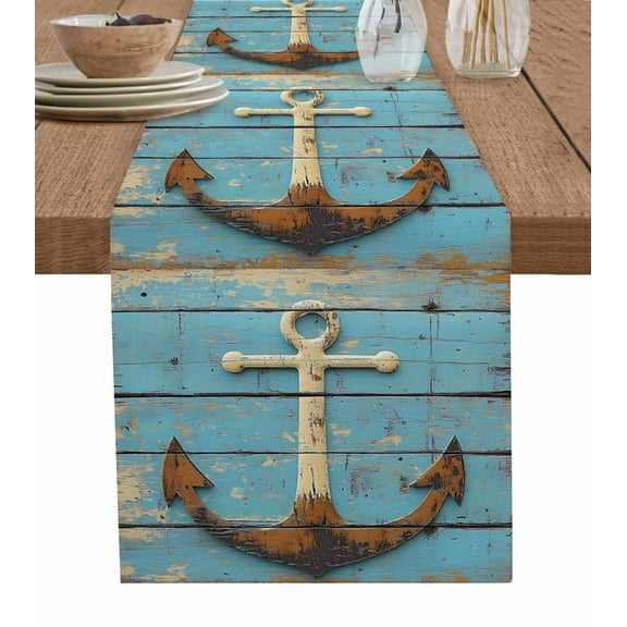 Boanket Vintage Anchor Table Runner - 70 Inch Long, Kitchen Dining Table Runner Dresser Scarves, Coastal Nautical Blue Brown Wooden Farmhouse Decor for Coffee Tables Wedding Party Banquet