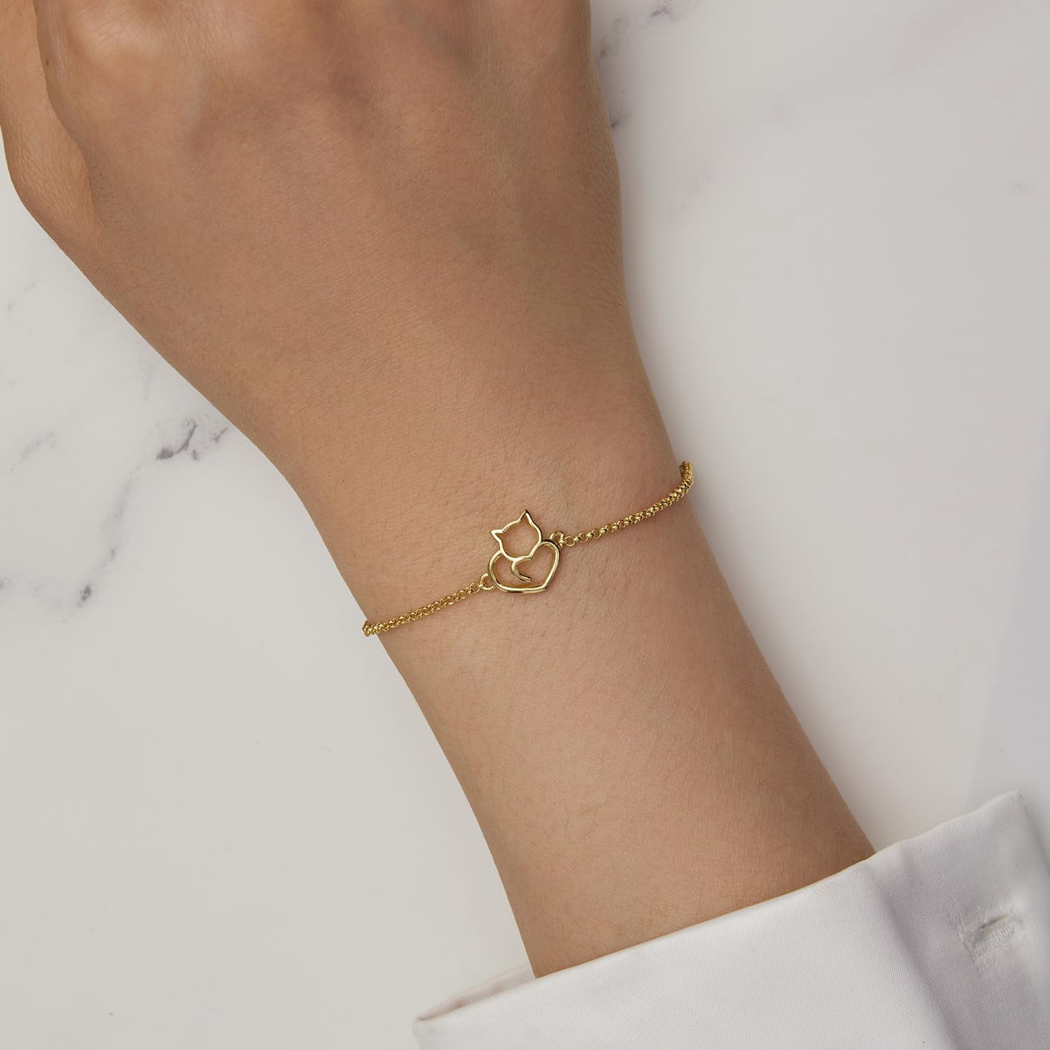 925 Sterling Silver Chain Bracelet with Cat Love Heart Charm Adjustable Plated Gold Bracelets with Chain Length 6.5in-7.9in, Best Jewelry Gift for Girls Women Cat Lovers