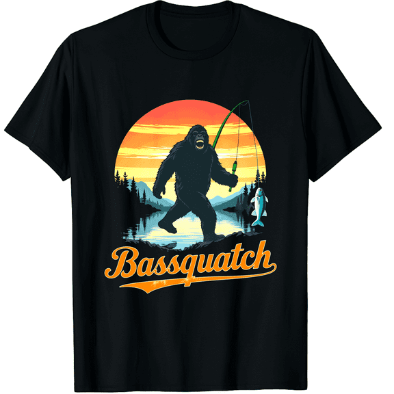 Bassquatch Fishing Bigfoot Sasquatch Adult Unisex Black T-Shirt, 180g Cotton