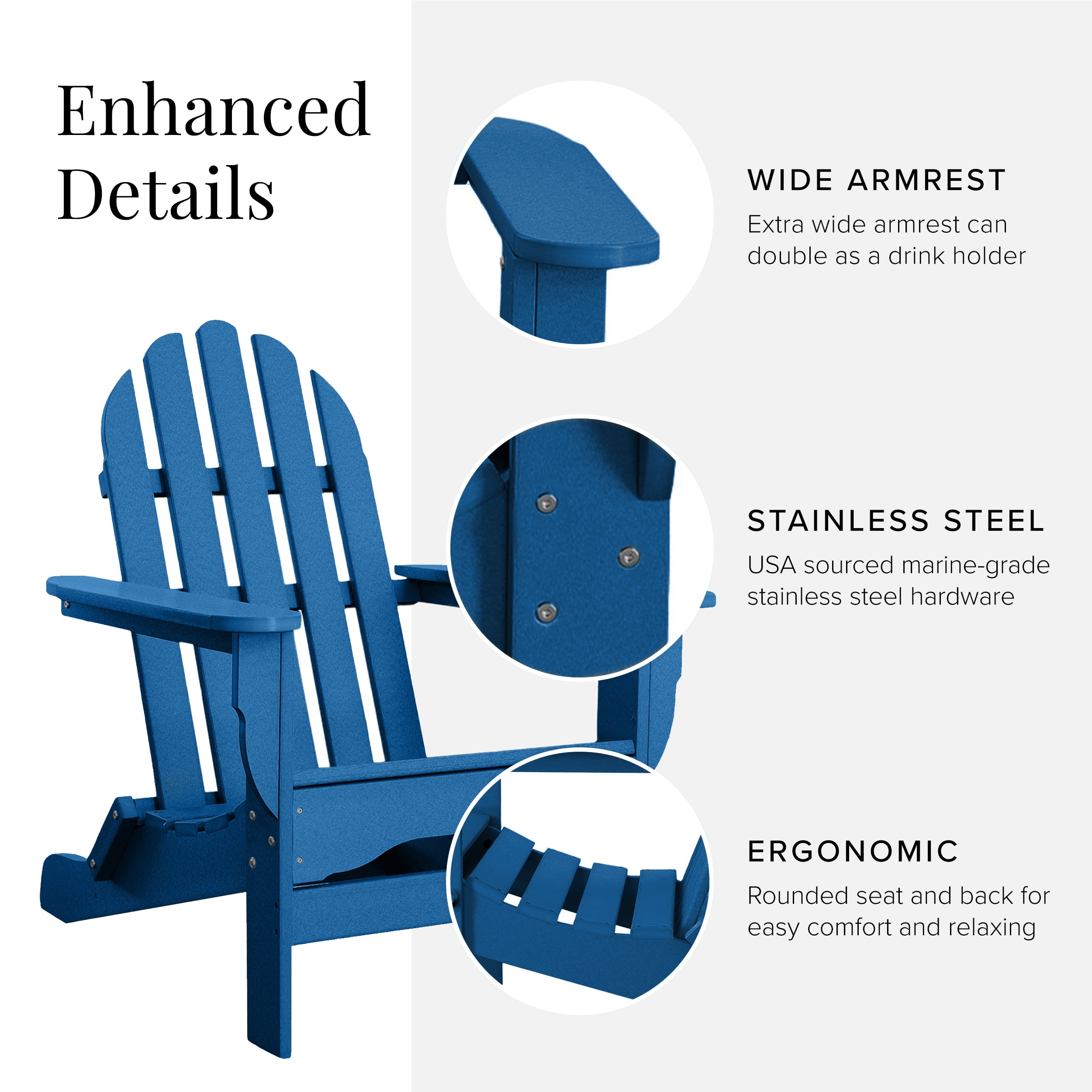 DuroGreen Adirondack Chairs Made With All-Weather Tangent lumber, Set of 2, Oversized, High End Classic Patio Furniture for Porch, Lawn, Deck, or Fire Pit, No Maintenance, USA Made, Royal Blue