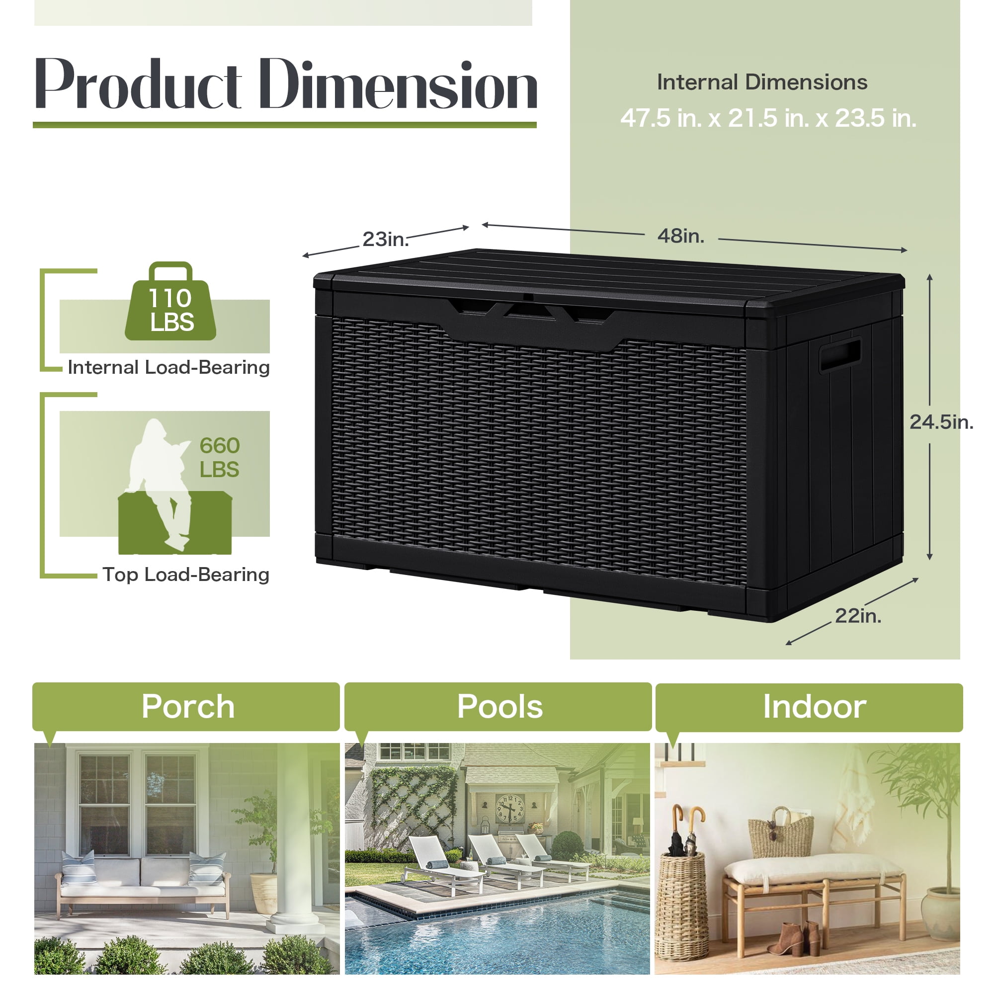 Vineego Modern Outdoor Lockable 100 Gallon Resin & Plastic Deck Box, Black