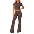 thumbnail image 5 of AHTJRT 2 Piece Workout Sets for Women Athletic Running Yoga Sweatsuits Slim Crew Neck Short Sleeve Crop Tops and High Waist Flared Pants Coffee S, 5 of 8