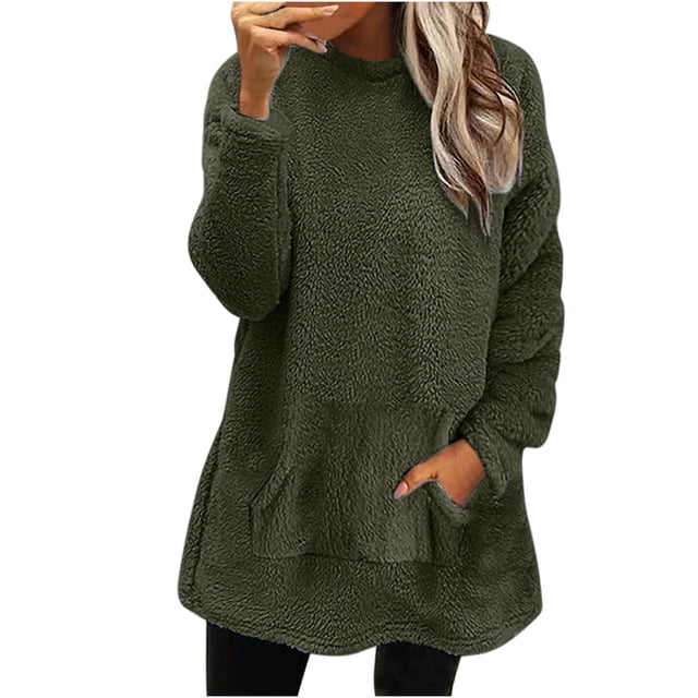 KIHOUT Spring Winter Womens Tops Round-Neck Plush Loose Solid Color with Pocket Warm Long Sleeve Blouse Tops