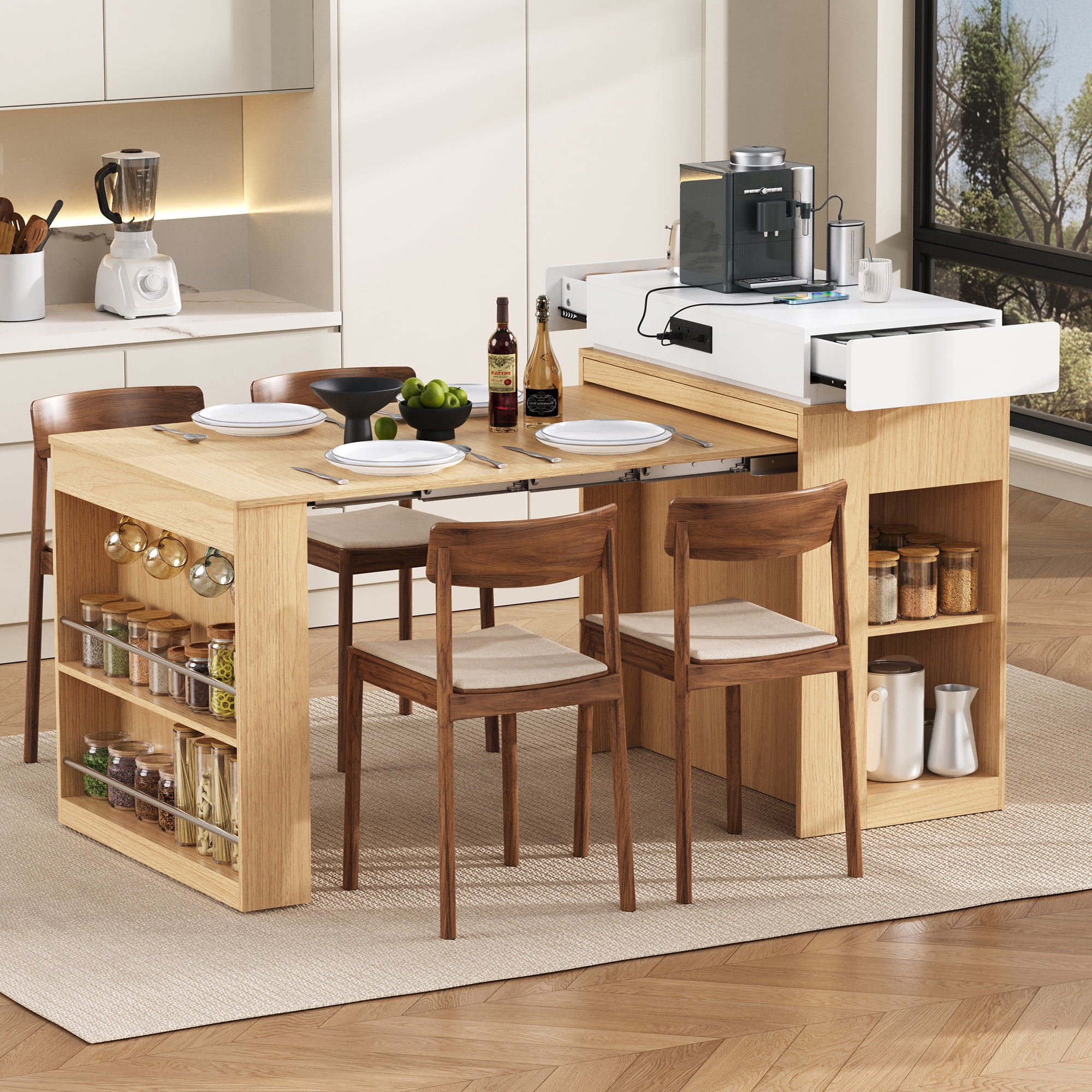 Noble HouseHORIZON Extendable Dining Table with Folding Tabletop, Bar Table with Drawers and Power Outlet(Natural+Creamy White)