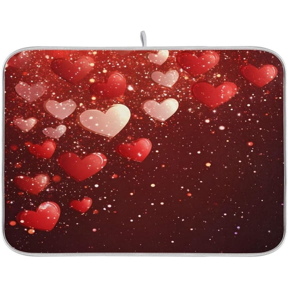 Valentine Red Heart Dish Drying Mat 18x24 Absorbent Dishes Pad Dish Drainer Mat Protector for Kitchen Fast Dry