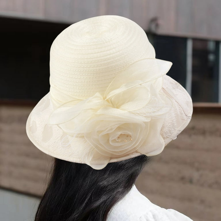 D-GROEE Women Mesh Sun Hats Summer Beach UV Protection UPF Packable Flower  Decor Princess Style Round Hat