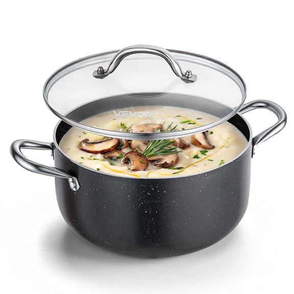 VEVOR Aluminum Stock Pot, 6-Quart Nonstick Ceramic Coated Pot with Glass Lid, PFOA-Free, PFAS-Free, Compatible with Gas Stoves, Induction Cooktops, Electric Stoves, for Soups, Stews, and Pasta