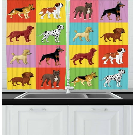 Dog Themed Bedrooms Dogs Curtains 2 Panels Set, Colorful Checkered Pattern with Different Breeds of Dogs Animal Pet Lover Themed Print, Window Drapes for Living Room Bedroom, 55W X 39L Inches, Multicolor, by Ambesonne ()