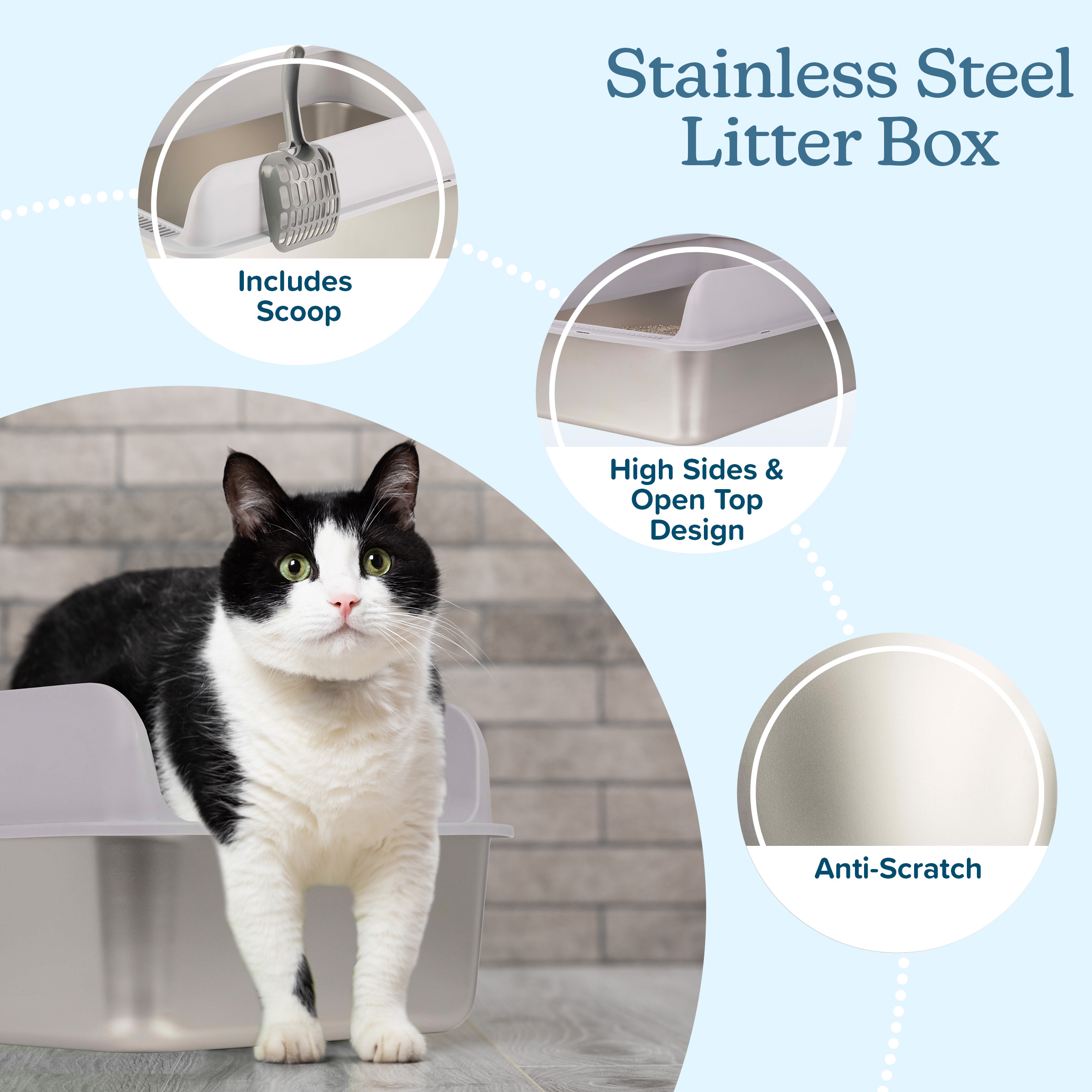 PETMAKER Stainless Steel Cat Litter Box with High Sides and Scoop Included