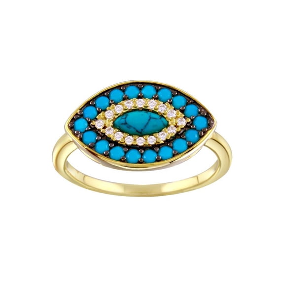 Gold Plated 925 Sterling Silver Simulated Turquoise Clear CZ Eye Ring White Female Size 6