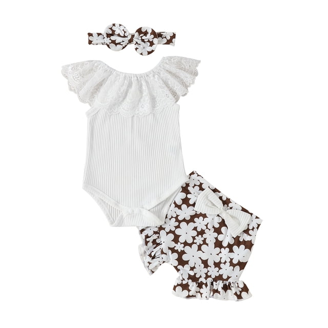 Fortune 2pcs Baby Girl Summer Sleeveless Lace Ribbed Jumpsuit and Ruffled Shorts