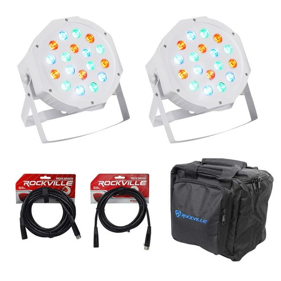 (2) Rockville FHB-118 LED RGB DMX LED PAR Can Wash Lights (2) Cables Carry Bag