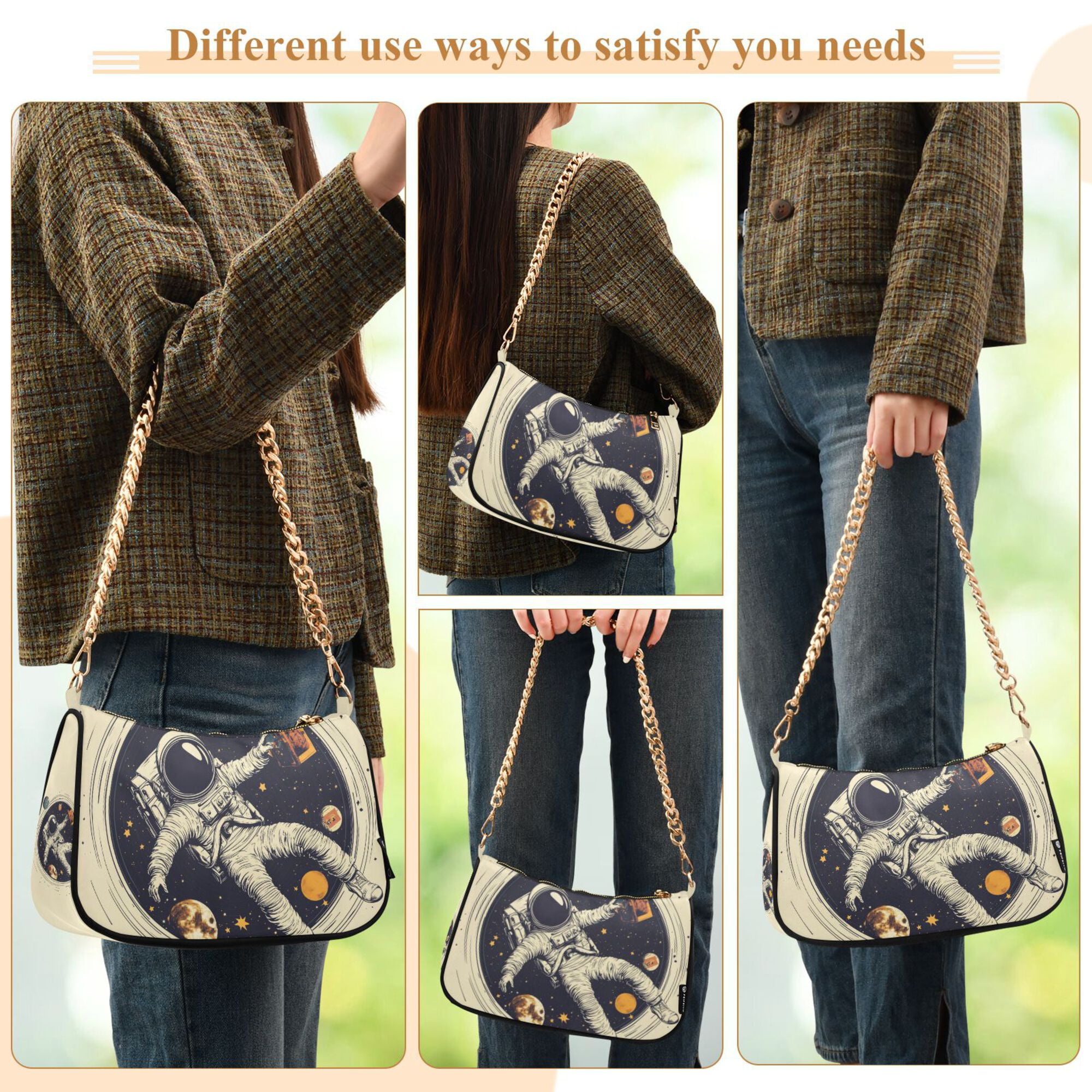 FORMRS Womens Shoulder Bag with Chain Strap Clutch Purse Cute Tote Handbag, Astronaut Floating