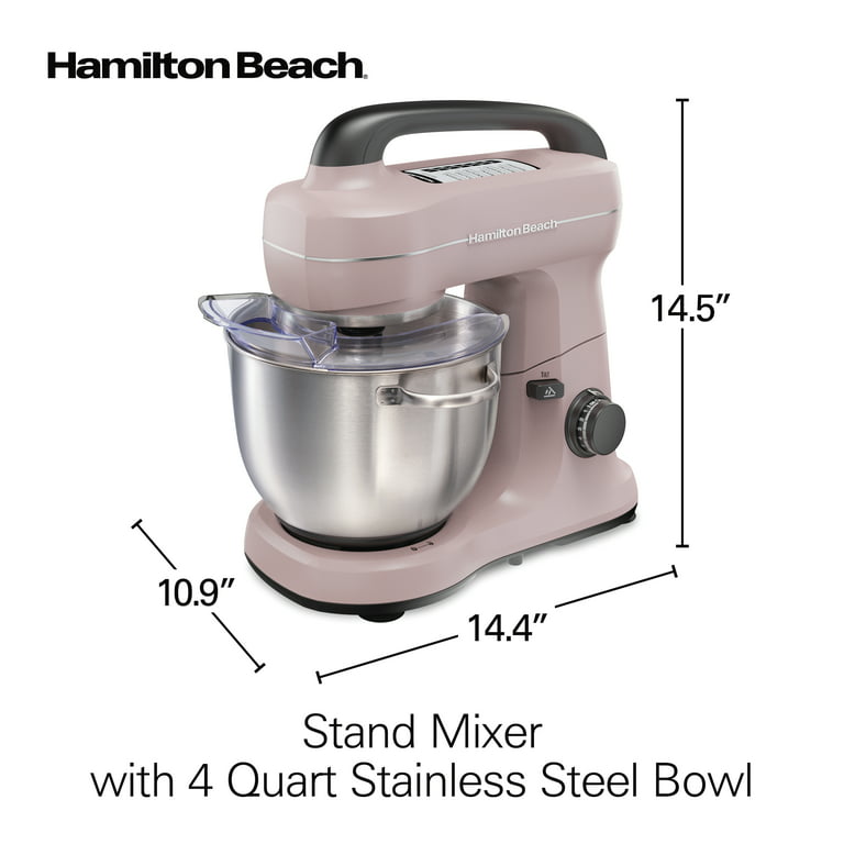 Hamilton Beach Electric Stand Mixer with 4 Quart Stainless Bowl, 7 Speeds,  Whisk, Dough Hook, and Flat Beater Attachments, Splash Guard, 300 Watts,  Rose, 63396 