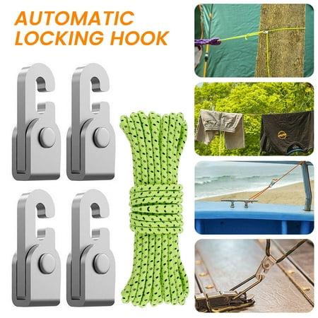 

Protoiya 4 Pack Automatic Lock Hook Free from Knot Lock Hook Multifunctional Lock Hook Outdoor Camping Tent Lock Hook with 5m Rope Self-Locking Free from Knots