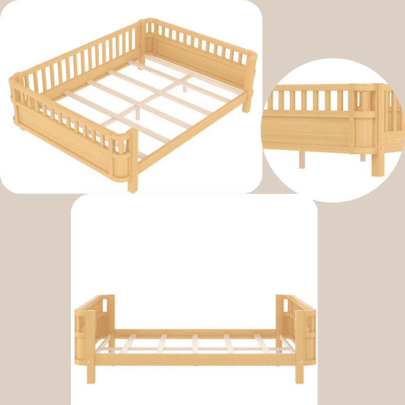 Bellemave Full Size Bed Frame, Full Montessori Bed with Safety Guardrails and Detachable Fence, Wooden Platform Bed Full Daybed Frame, Low Profile & Rounded Corners Design, Natural