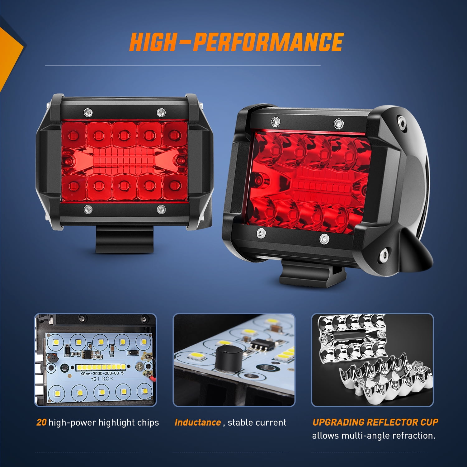 Nilight 4" LED Light Pod Red Triple Row 2PCS 60W Flood Spot Combo Driving Fog Lights Fishing Hunting Emergency Safety Signal Deck Trailer Lights for UTV Pick-up Van Boat Tractor