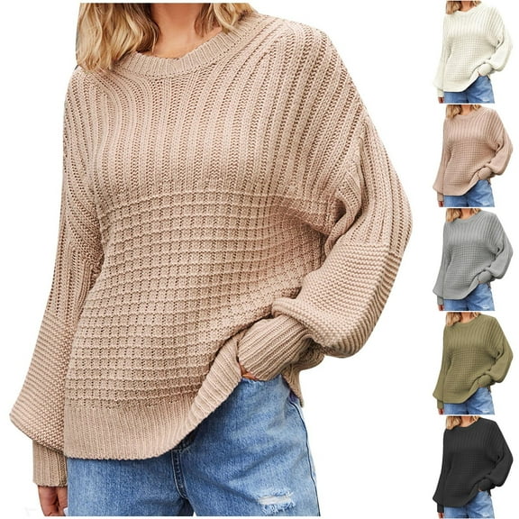 Lovskoo 2024 Sweaters for Women Winter Trendy Long Sleeve Round Neck Loose Fitting Pullover Sweater Beige