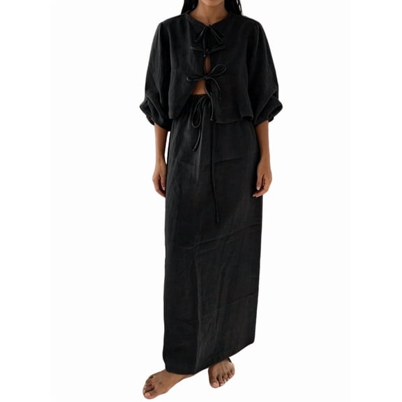 Jaimenalin Women 2 Piece Skirt Sets Oversized Long Sleeve Top and Maxi Skirts Travel Vacation Set Black L