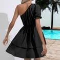 thumbnail image 3 of QUYUON One Shoulder Dresses for Women Casual Summer Short Sleeve Mini Dress Solid Color Elastic Waist Ruffle Tiered Pleasted A-Line Babydoll Dress Short Beach Sundress Style D-1927 Black XL, 3 of 4
