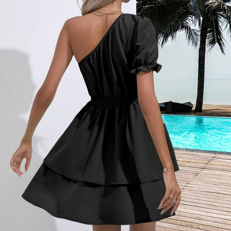 Wycnly Dresses for Women Beach Empire Waist Ruffle Swing One Shoulder A Line  Dresses Slash Neck Short Sleeve Plain Summer Mini Formal Dress Black s -  Walmart.com