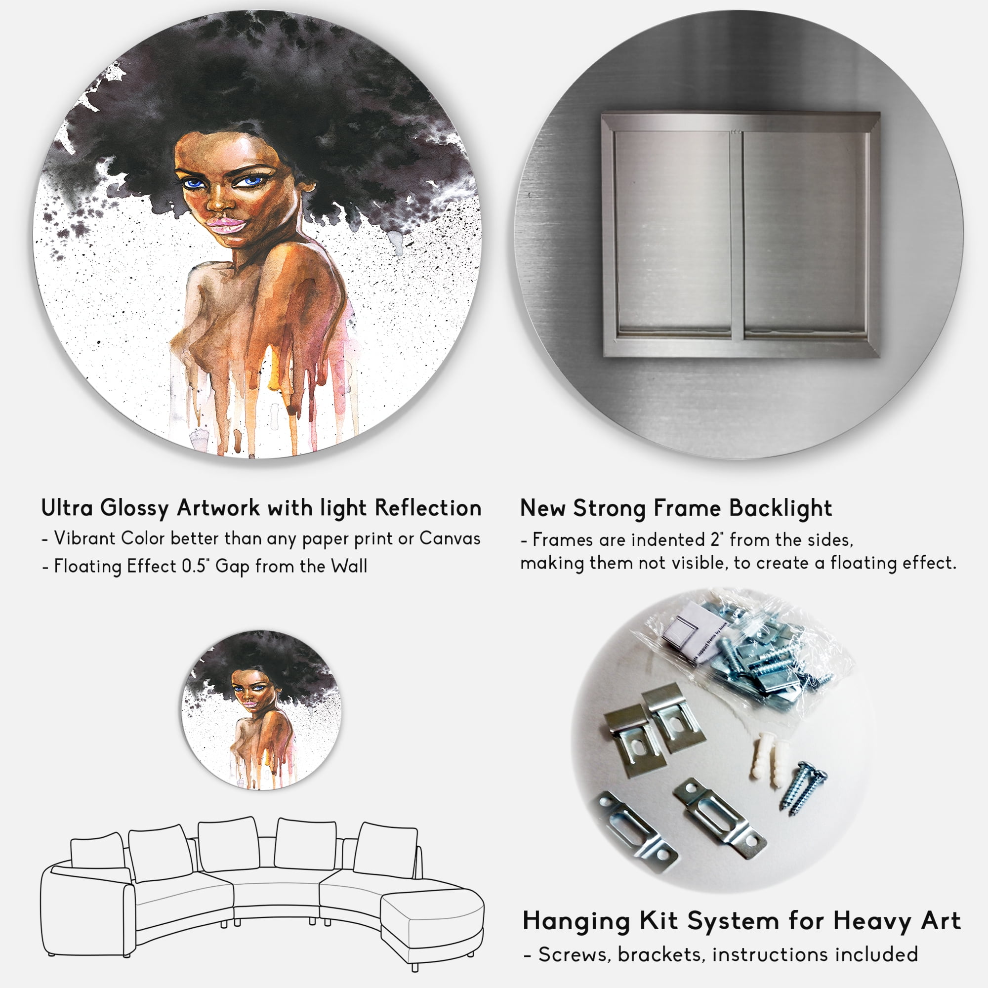Designart 'Portrait of Afro American Woman VII' Modern Circle Metal Wall Art 29x29 - Disc of 29