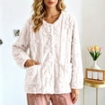 thumbnail image 2 of SZJXBUY Button Front Bed Jackets Women Winter Plush Fleece Pajama Tops Thermal Long Sleeve Button Down Sleepwear Fuzzy Coat with Pockets Beige,L, 2 of 9