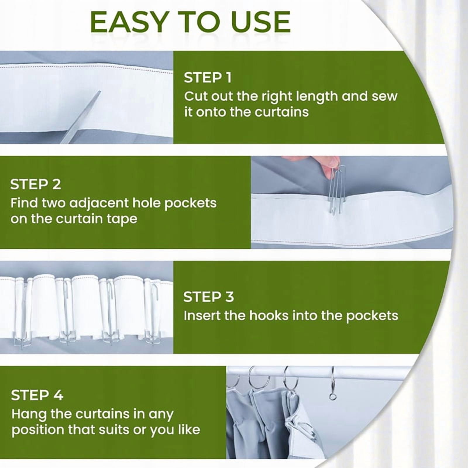 2X Curtain Pleat Tape, 10 Meters/11 Yards Pleater Tape for Curtains with 60 Pcs 4 Prongs Curtain Pleat Hooks for Drapes