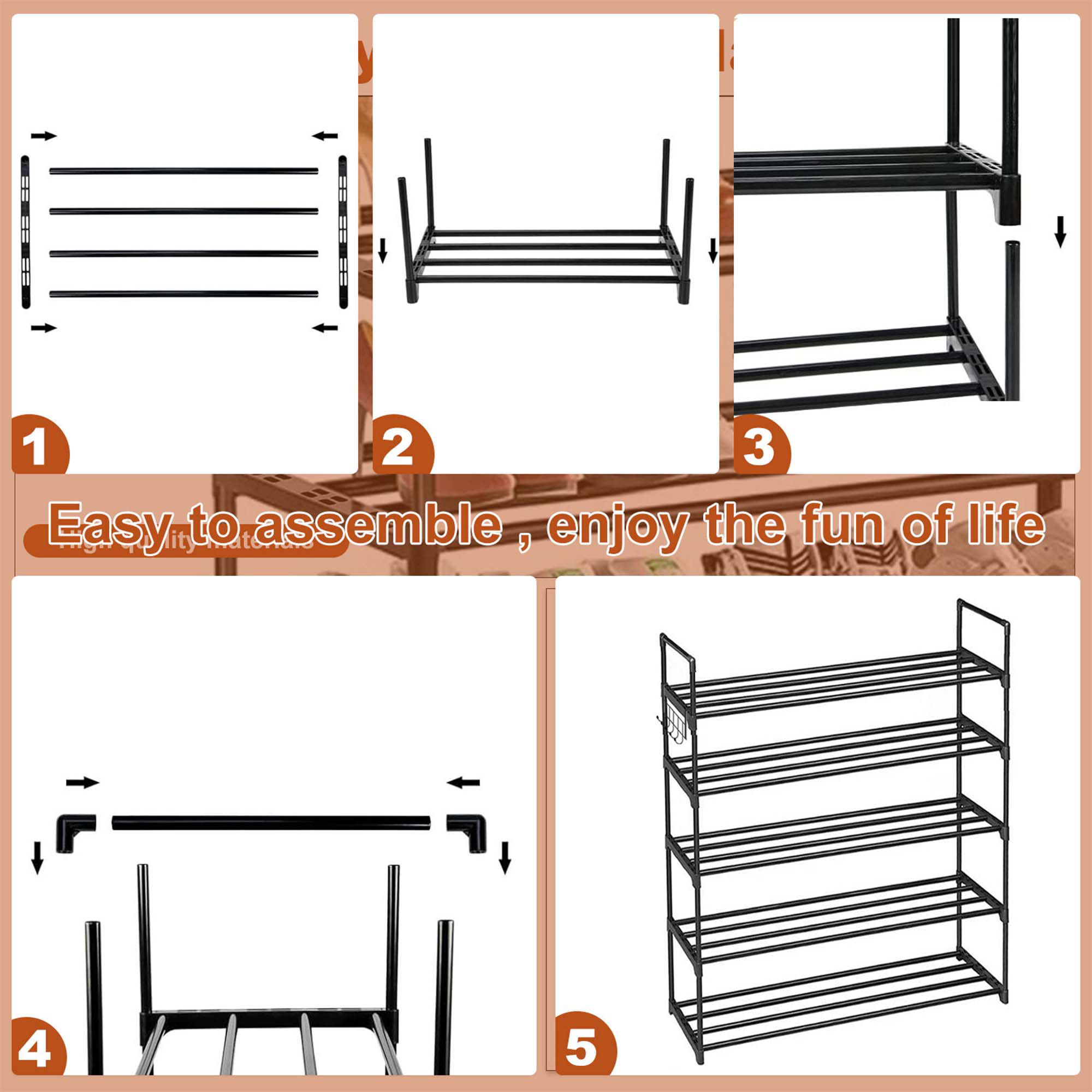 HadinEEon 5-Tier Shoe Rack with Hook, Black Metal photo 7
