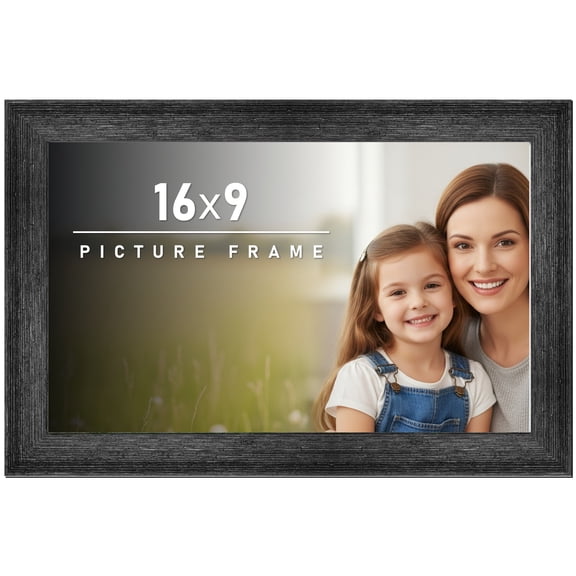 16x9 Frame Black Rustic Barnwood Solid Wood Picture Frame | 1.5 Inch Moulding Width | Includes UV