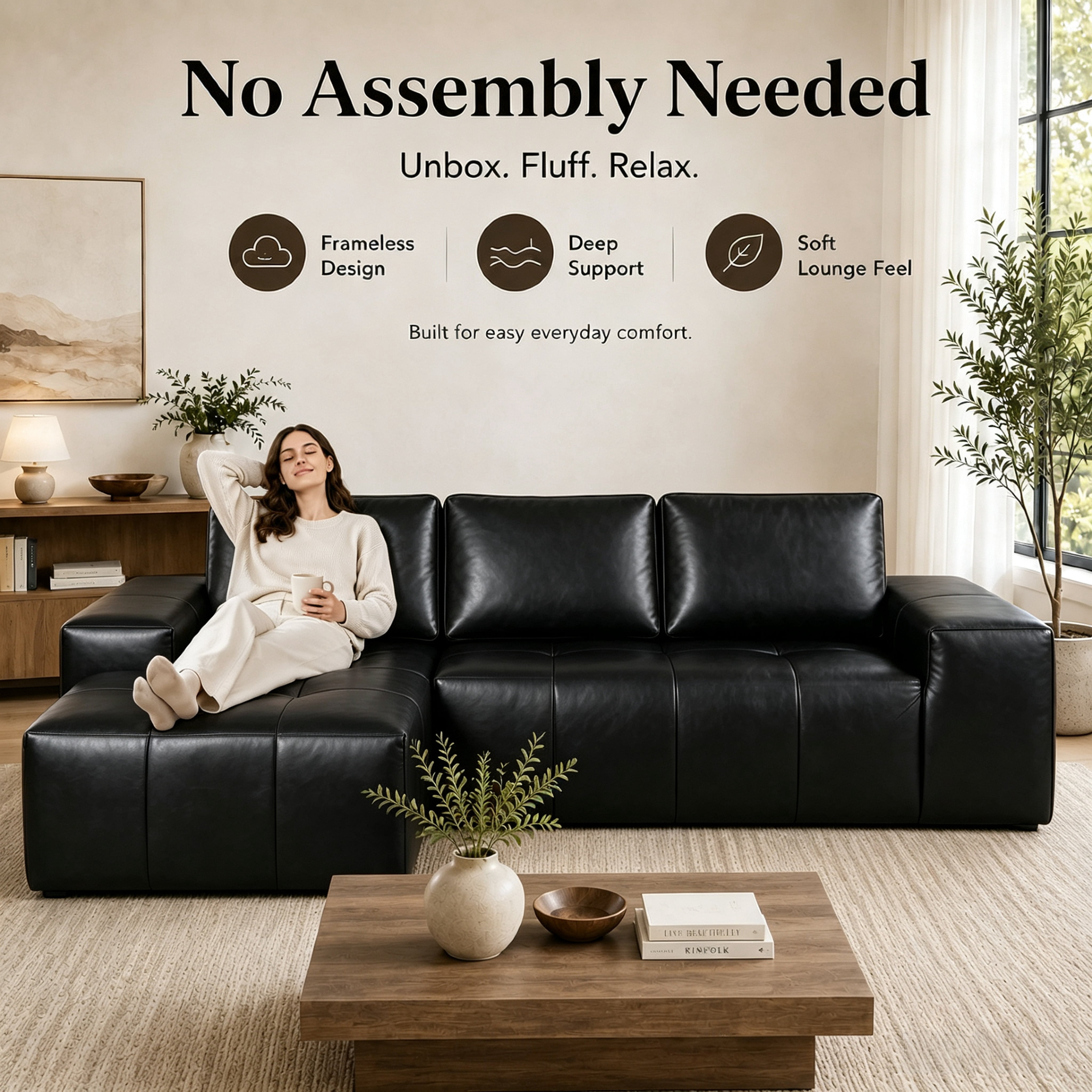 Aenkyo 114" Faux Leather L-Shaped Sectional Sofa with Left Hand Chaise, Boneless Modular Couch, Black