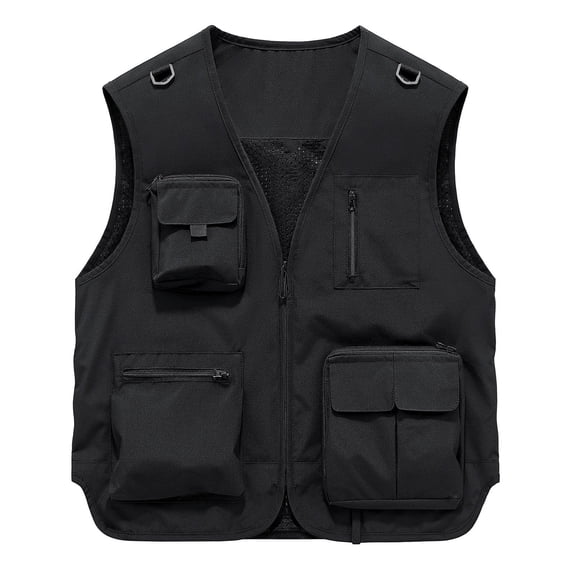WIZUTIZ Men's Utility Vest Solid Color V-Neck Sleeveless Multi-Pocket Zipper Closure Breathable Lightweight Outdoor Travel Work Photo Vest
