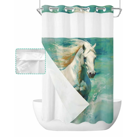 No Hook Shower Curtain with Snap in Liner, White Horse Running Teal Hotel Shower Curtains for Bathroom, Washable Shower Curtain Liner Set with Mesh Top Window, 54"x78"