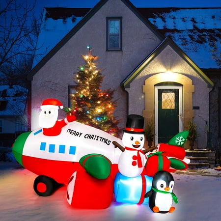 Costway 9Ft Inflatable Christmas Santa Claus On Helicopter With Snowman Penguin Led Lights