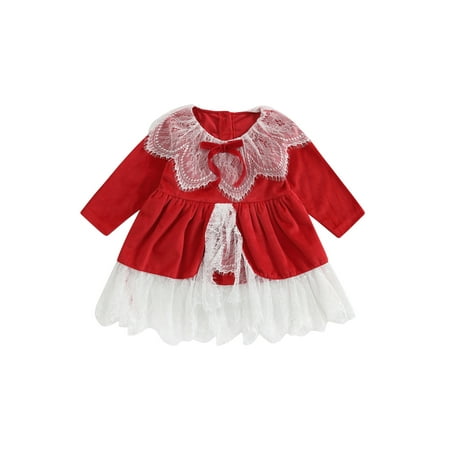 

CenturyX 1-7Y Kids Girls Princess Dress Long Sleeve Velvet Spliced Lace Tutu Dress Party Dresses Autumn Winter Clothes Red 6-7 Years