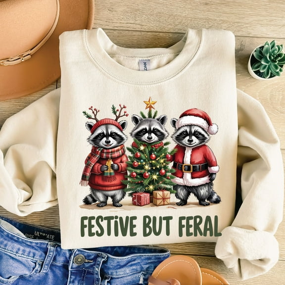 Festive But Feral Raccoon Christmas Sweatshirt – Funny Holiday Sweater, Cute Animal Xmas Crewneck Gift