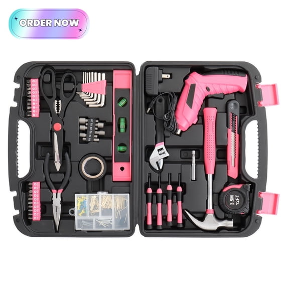 Tcbosik 149-Piece Home Repair Tool Set, All-Purpose Household Tool Kit, General Hand Tool Set with Storage Toolbox for Garage, Office, Pink