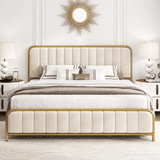 Homfa King Bed Frame with Storage, Gold, Beige