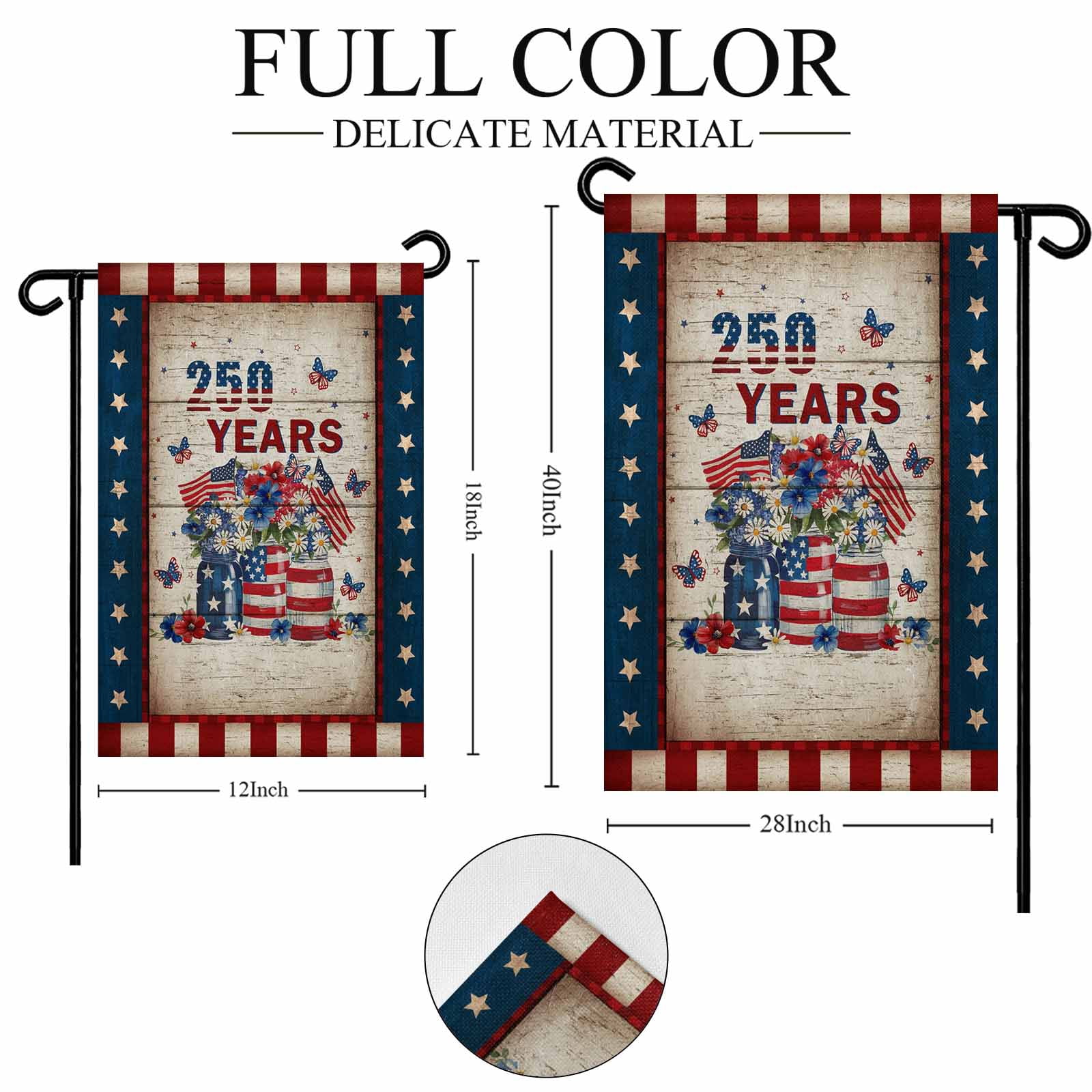 Patriotic 4th of July Garden Flag 28x40 Inch 250 Years Stars Stripe Flag Floral Wooden Double Sided Small Decorative Garden Flags for Outside, Outdoor Yard Porch Lawn Decoration