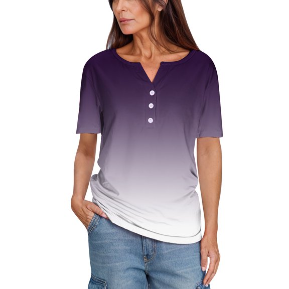 JYnXIANTI Womens Short Sleeve Tops Button V Neck Gradient T-Shirts Casual Classic Henley Shirt Summer Fashion Clothes
