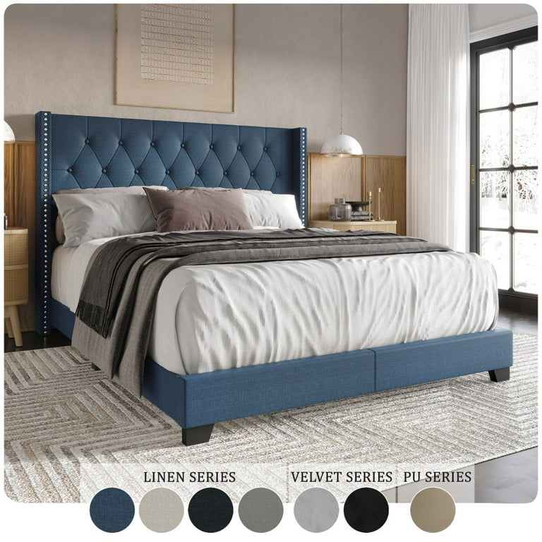 Castle Place Nailhead Trim Wingback Linen Upholstered Bed