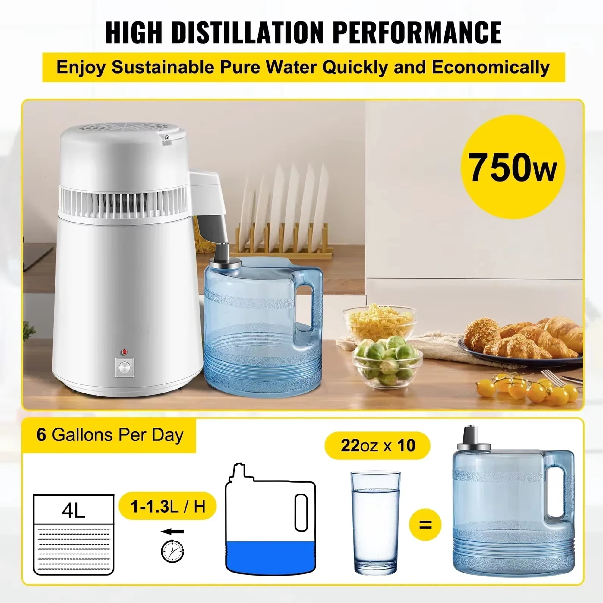 SIHAO Water Distiller, 4L/1.1Gal Distilled Water Machine, 750W Pure Water Distilling w/BPA Free Plastic Container, Countertop Distilled Water Maker, White
