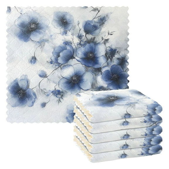 6 Pieces of Kitchen Towels 11x11Inch Kitchen Dish Cloths Kitchen Dish Towels Reuseable Cleaning Cloths Blue Cute Flowers