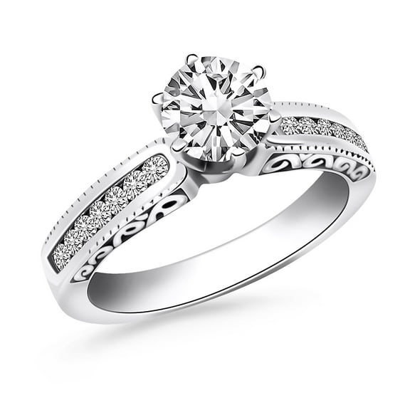 14k White Gold Channel Set Engagement Ring with Engraved Sides Size 4